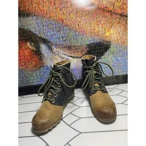 SOREL 1964 Premium Wedge Ankle Boots Brown Leather Blue Jean Canvas Women’s 7